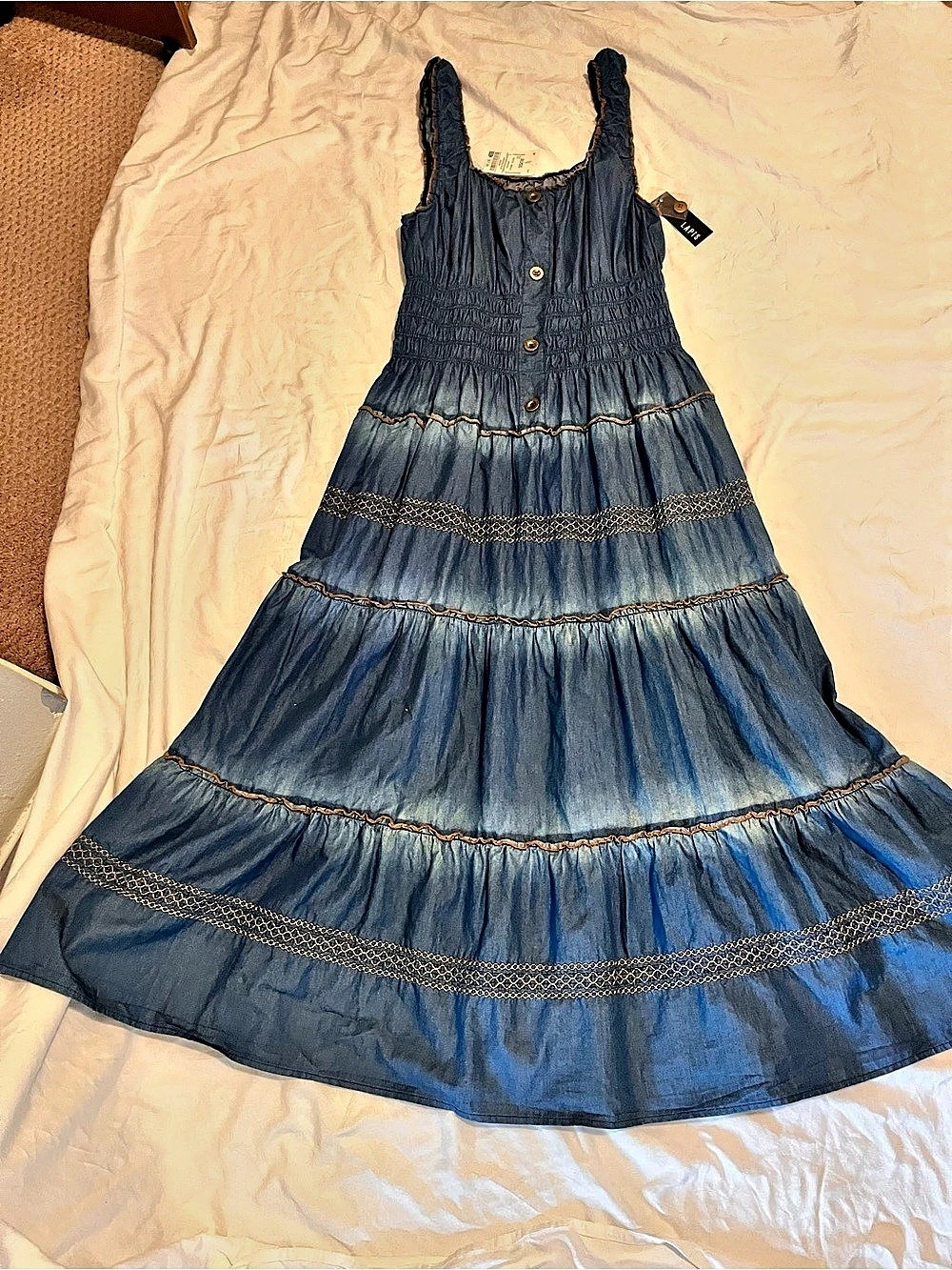 NWT Lapis Denim Look Smocked Tiered Maxi Dress - Fits like Large